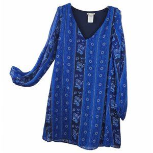 InTu sz Small Boho Print Short Flowy Sheer Blue Lined Bishop Long Slit Sleeve